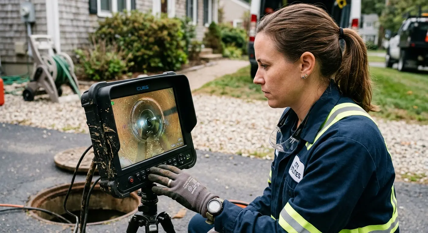 Technician reviewing sewer camera inspection footage in Paterson