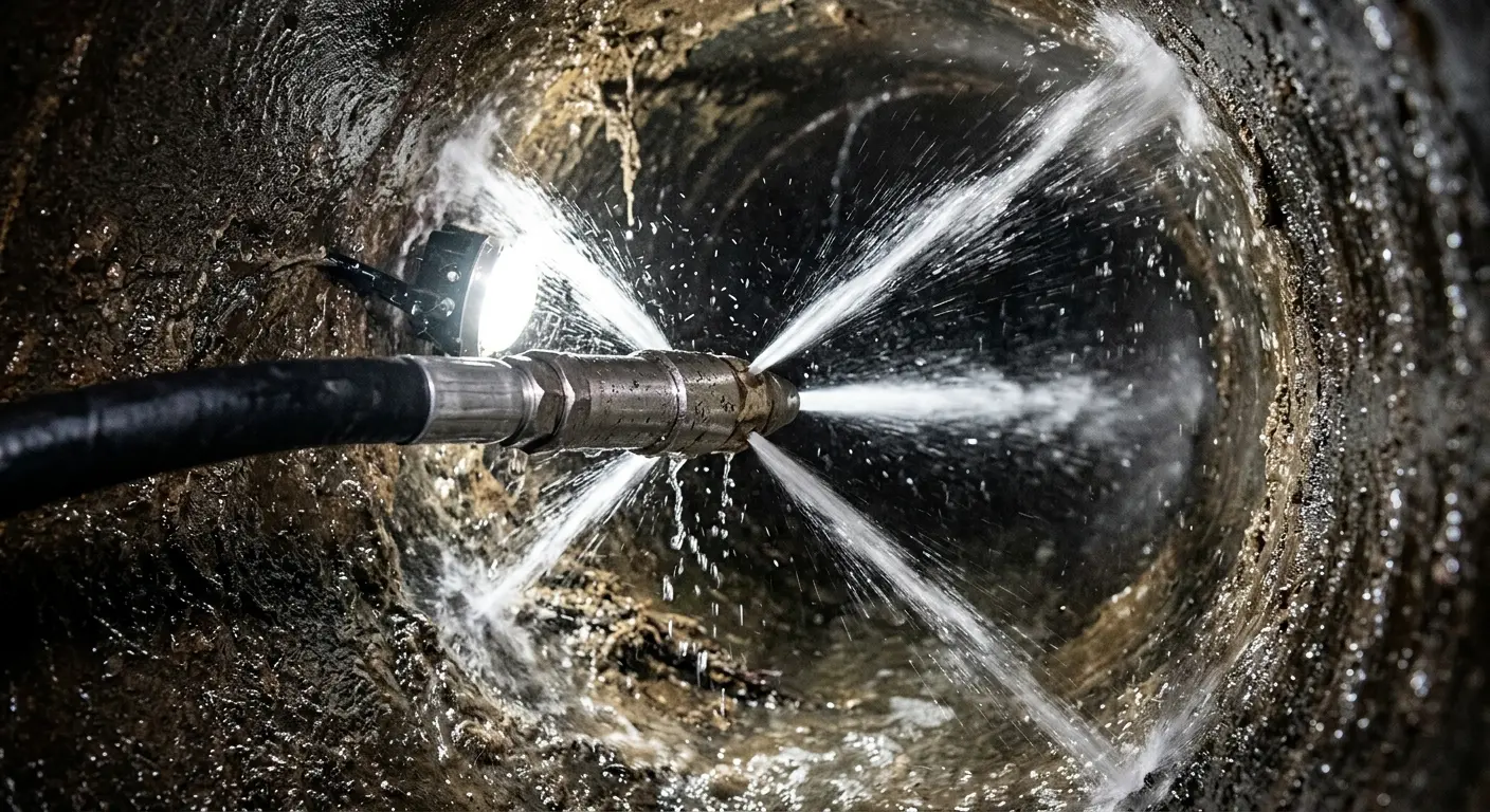 High-pressure hydro jetting nozzle cleaning sewer pipe for Emergency Drain Service in Paterson