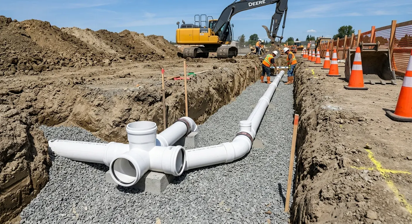 New PVC sewer pipe installation in open trench for Sewer Backup in Paterson