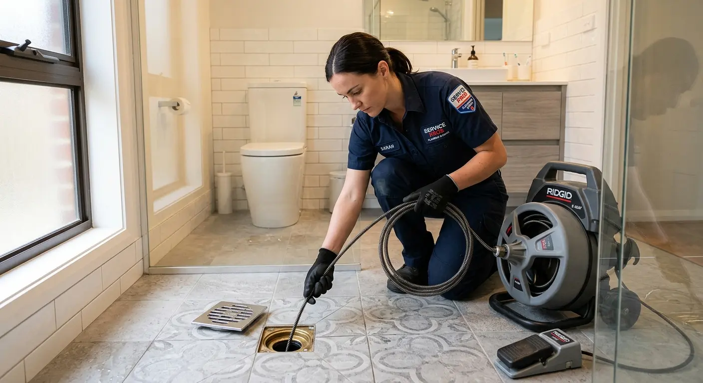 Technician clearing a bathroom floor drain for Drain Repair in Paterson
